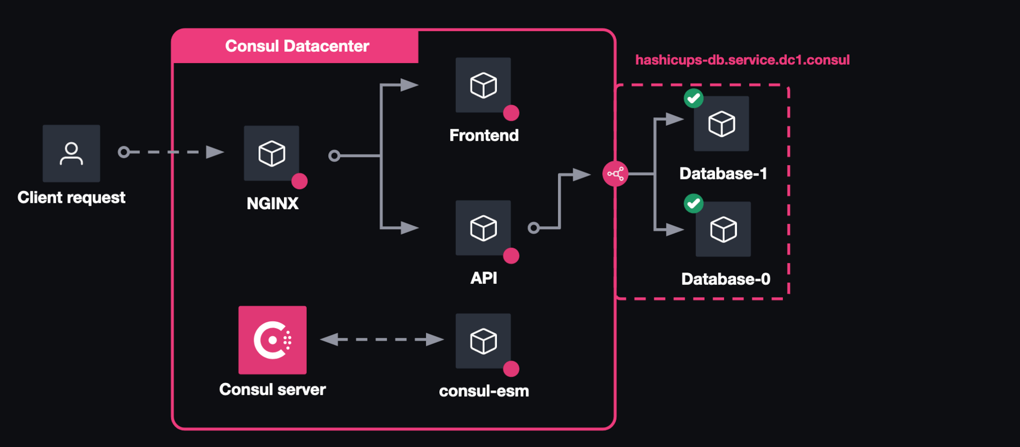 Architecture diagram. Consul ESM is running. The API service uses Consul DNS to resolve the database service through Consul's native load balancing .