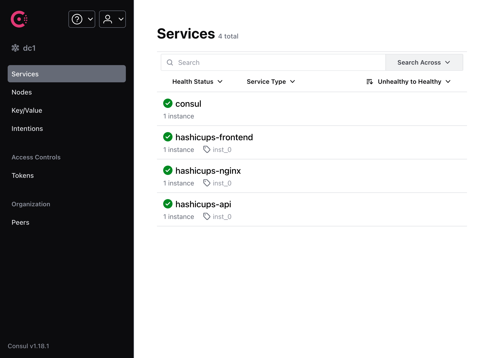 Services page - HashiCups with no DB instances