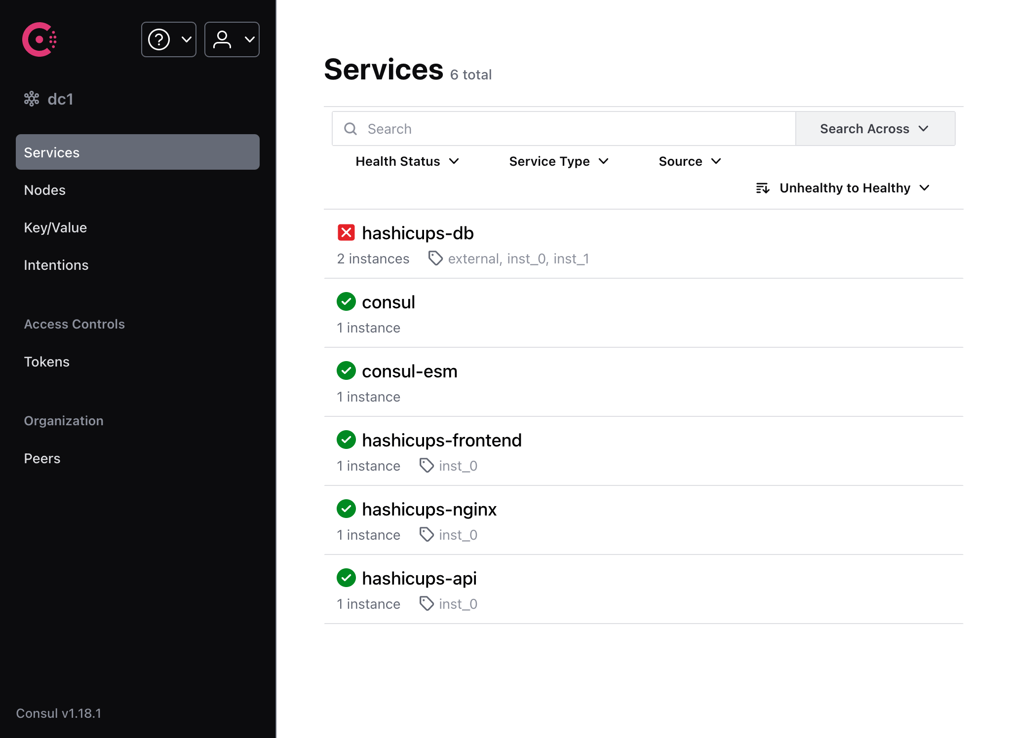 Services page - Multiple DB instances - One failing instance