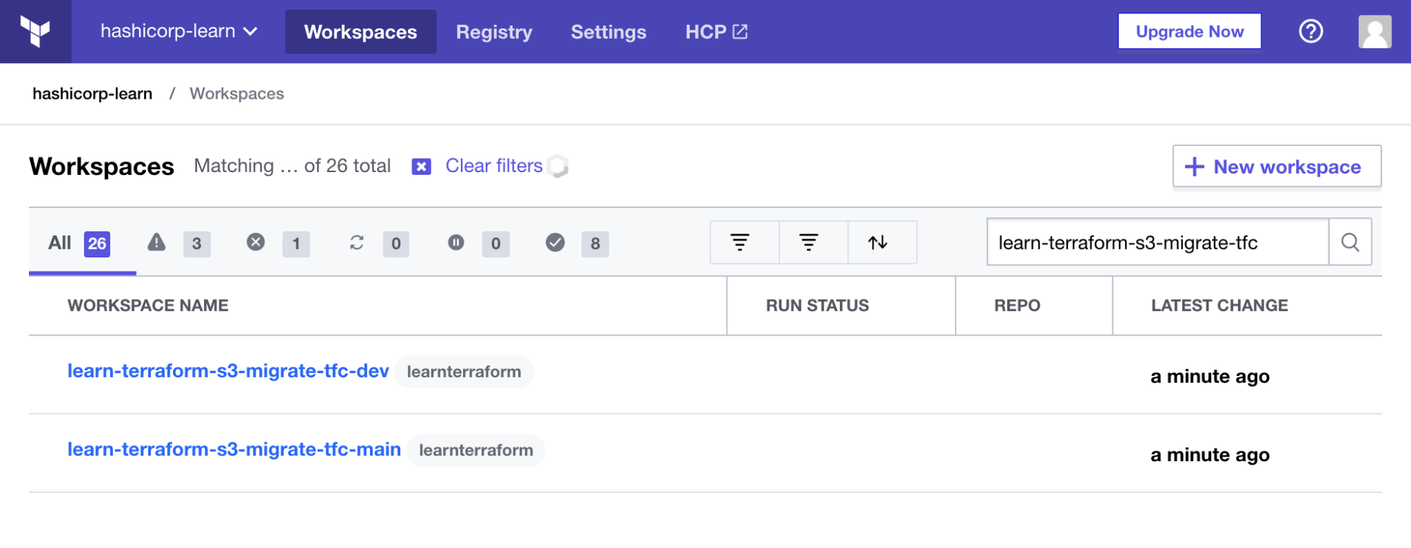 HCP Terraform dashboard shows two newly created workspaces