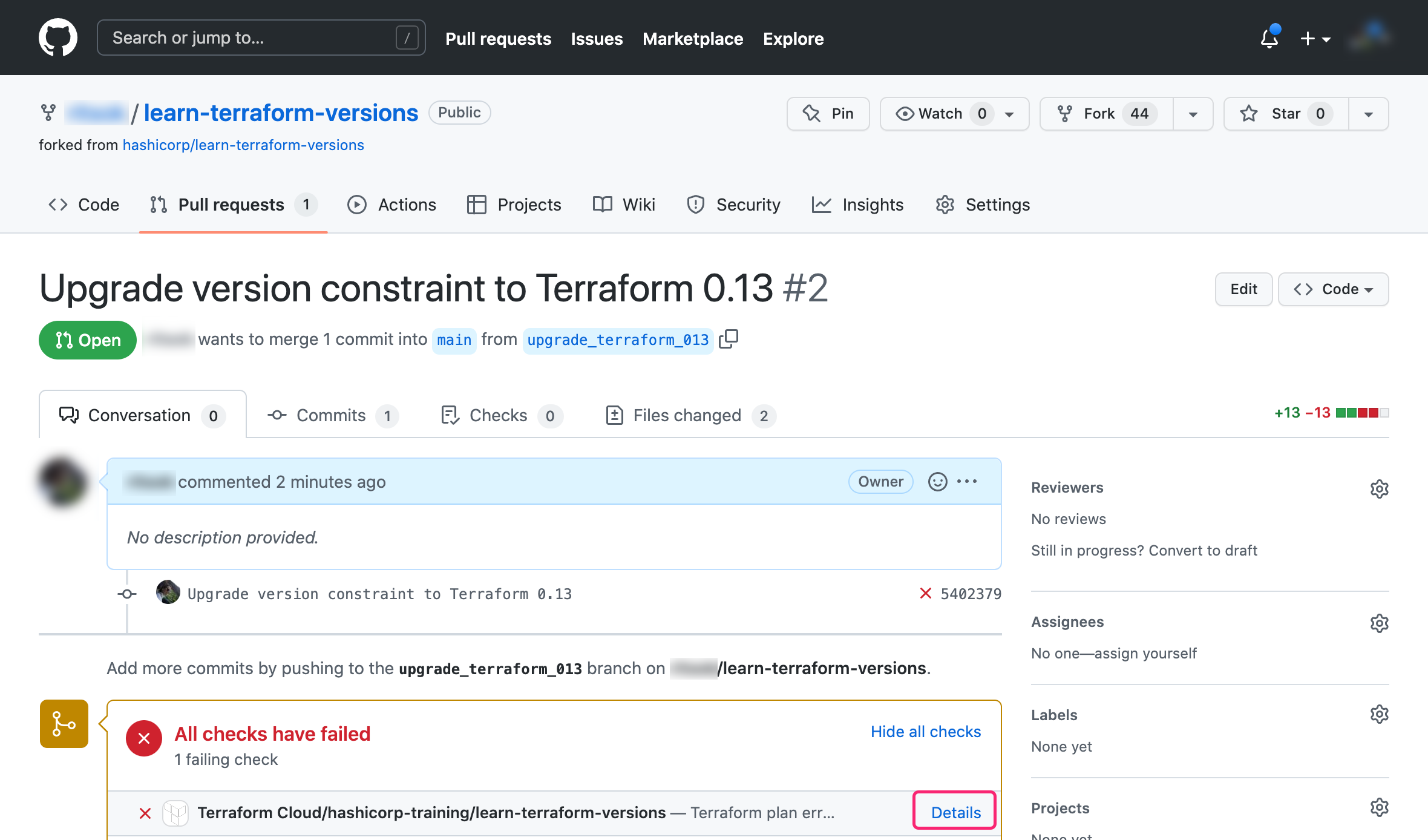 Failed HCP Terraform speculative run in GitHub pull request